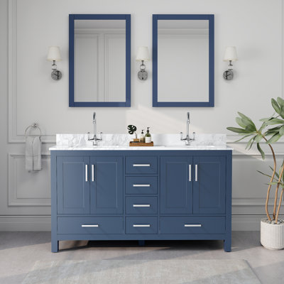 Meuble-lavabo double 60 po avec plateau en granite blanc Riverford