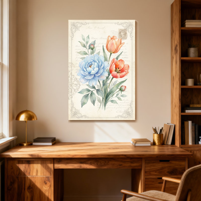 Bouquet de plantes et de fleurs avec fleurs bleues et oranges, H 24 po x l 16 po