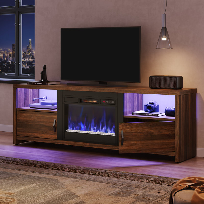Brahma 71" W TV Stand with Electric Fireplace and LED Lights, Walnut