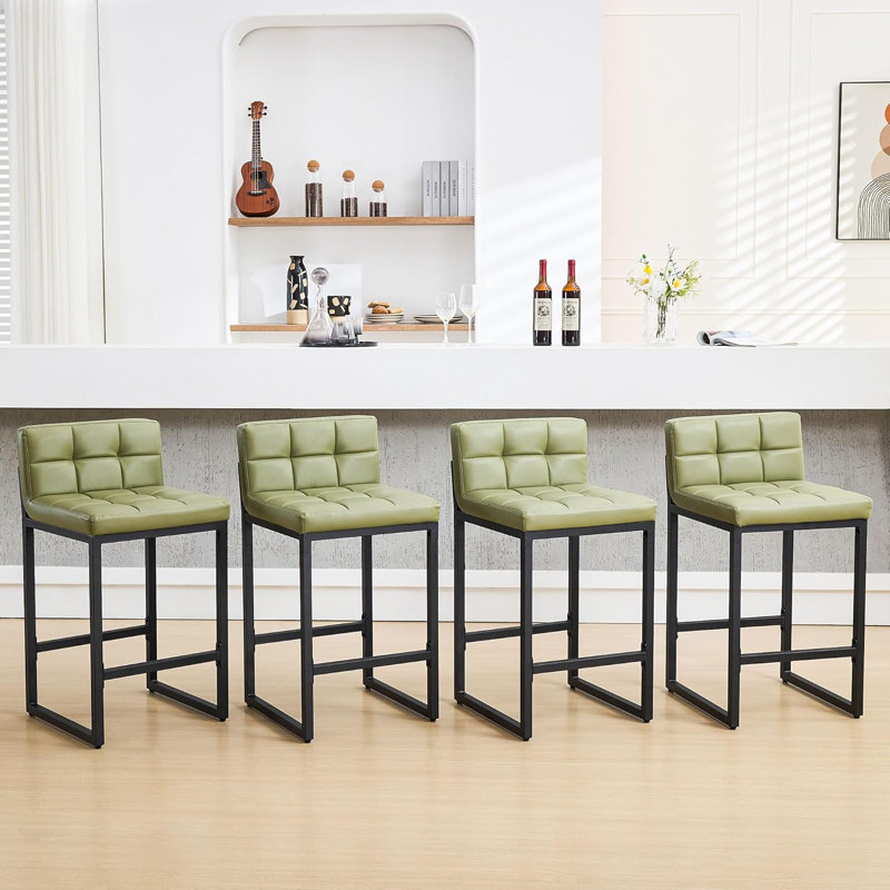 Tabouret de comptoir rembourré à dossier bas avec structure en métal épaissie pour îlot de cuisine, Vert, 4