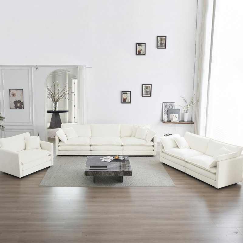 Canapé modulaire moderne, siège très profond 3 pièces, chenille blanche pour le salon avec éponge et revêtement - siège en tissu