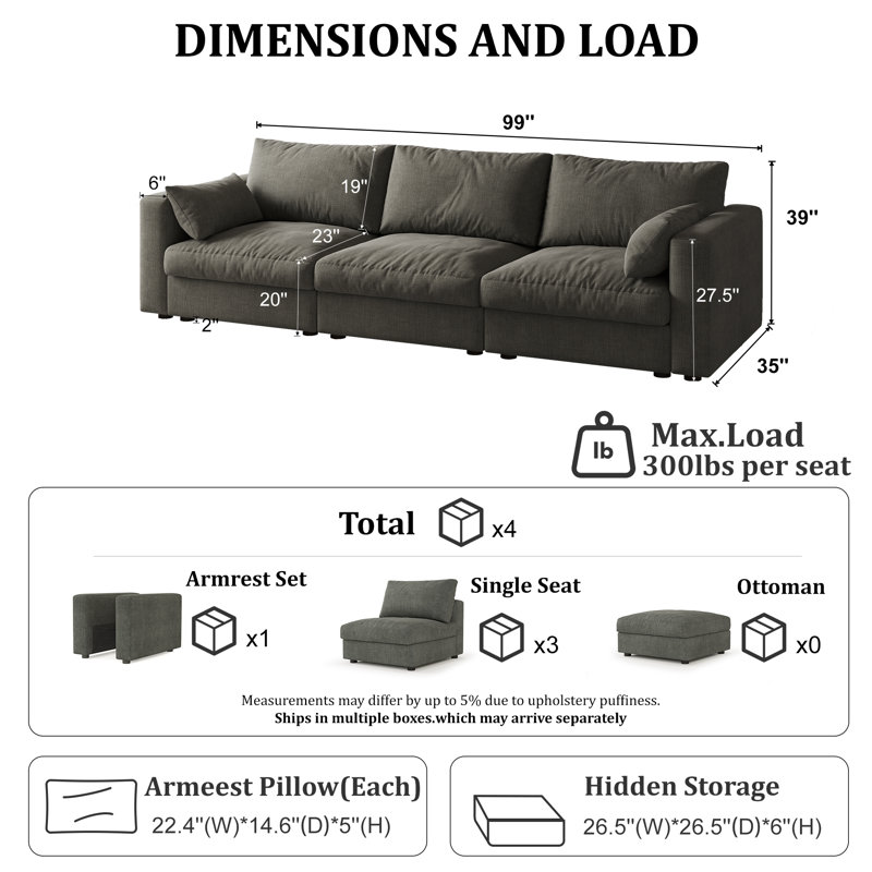 Canapé modulaire de 99 po avec rangement, Chenille grise foncée