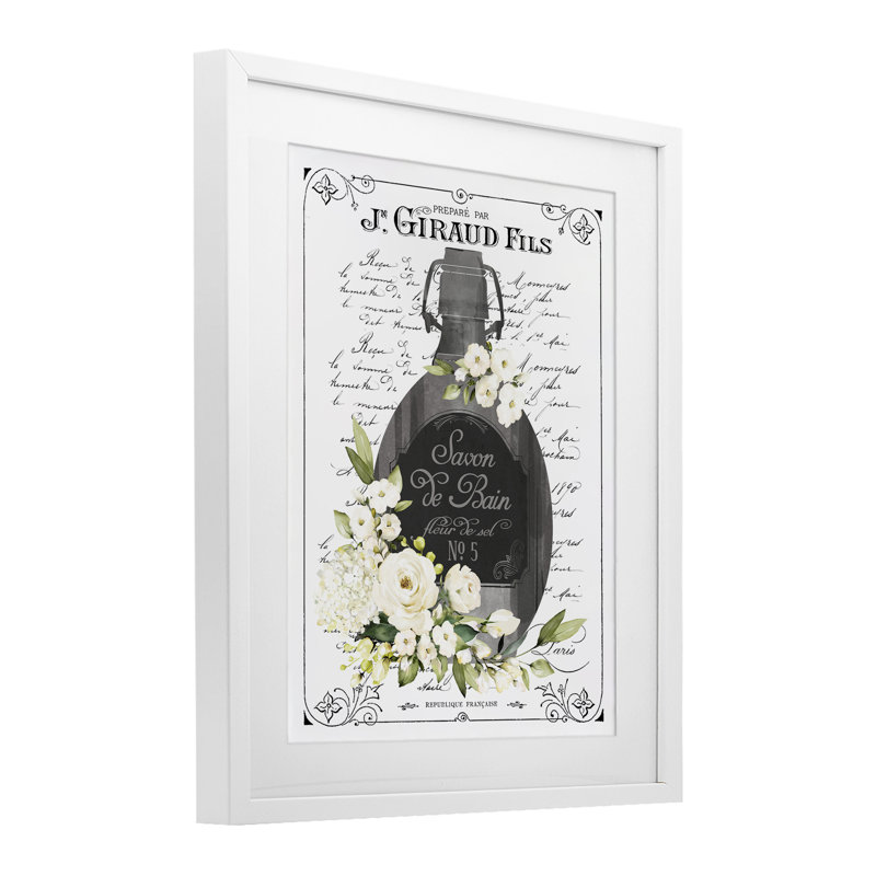 Impression de savon de bain français rétro encadrée sous verre, design avec lettres et doublure, H 21 po x l 17 po