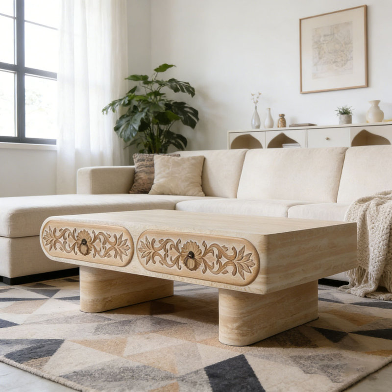 Table basse à bord arrondi avec tiroir en bois massif à motif floral