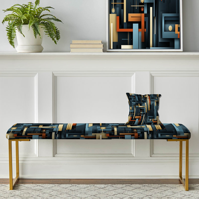 Striped Upholstered Gold Bench, Teal Industrial Geometry Lines Melody