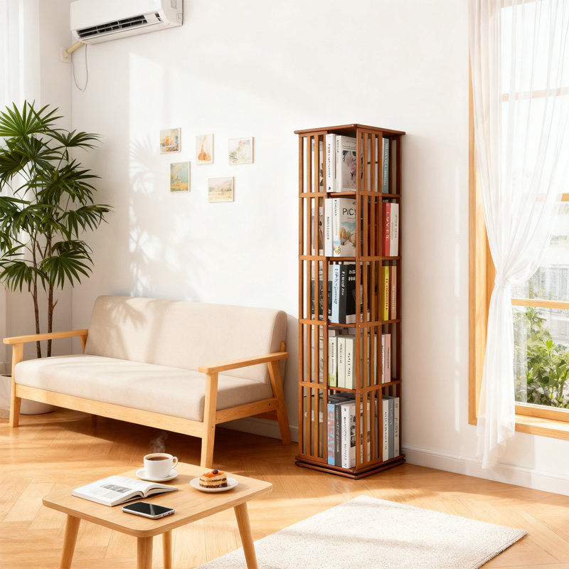 60" H x 13" W 5-Tier Bamboo Rotating Bookshelf, 360° Revolving Bookcase With Shelves, Corner Freestanding Storage Shelf