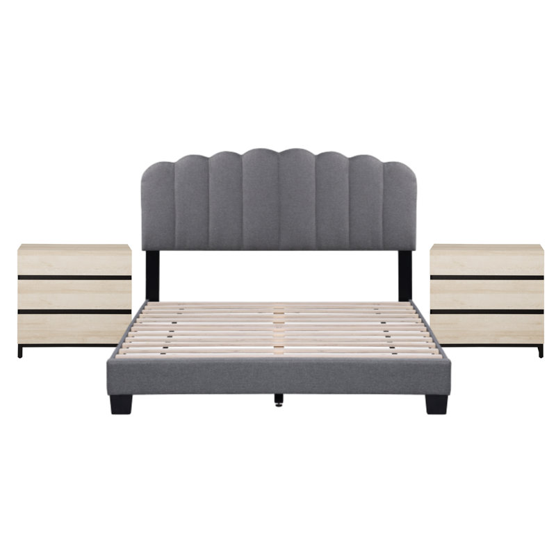 Ensemble de meubles de chambre à coucher 3 pièces, base de lit grand et 2 tables de chevet avec 6 tiroirs pour la chambre à coucher