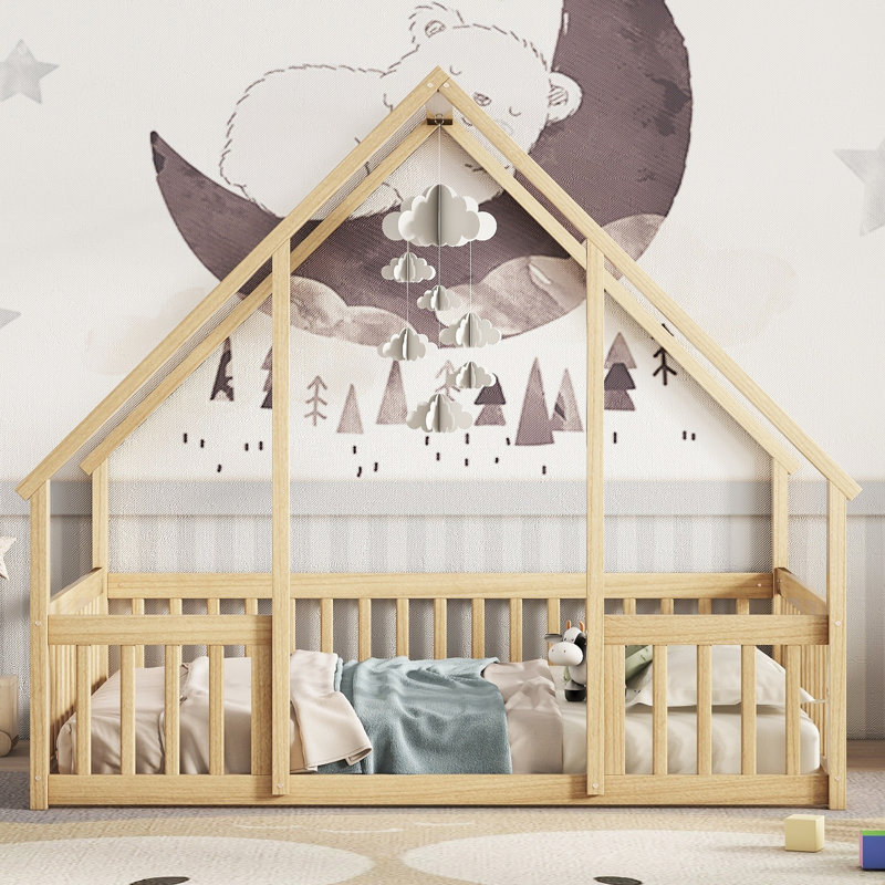 Full Wood House Floor Bed with Fence & Guardrails, Kids Floor Bed Frame, Bedroom Furniture, Natural