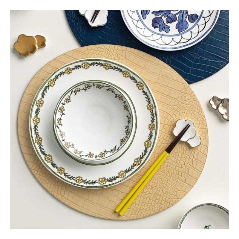 Dovi Faux Leather Round Placemats, Cream Yellow
