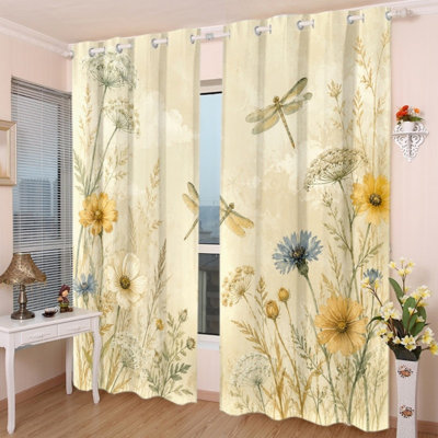 Ensemble de 2 rideaux occultants à œillets, motif floral aquarelle libellule, peints à la main, isolants thermiques, obscurcissants, bloquant la lumière du soleil et réduisant le bruit, pour la décoration de la chambre.