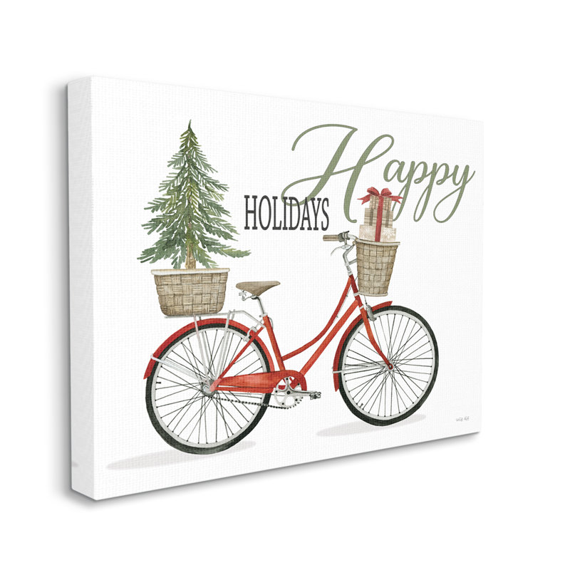 Joyeuses fêtes, bicyclette festive rouge présente un panier noir, estampe numérique texturée de Cindy Jacobs, Toile tendue