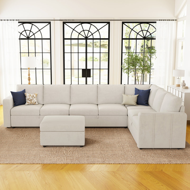 Seybert Luxurious U-Shaped Sofa Velvet Chenille Sectional Sofa For Living Room, Beige Velvet
