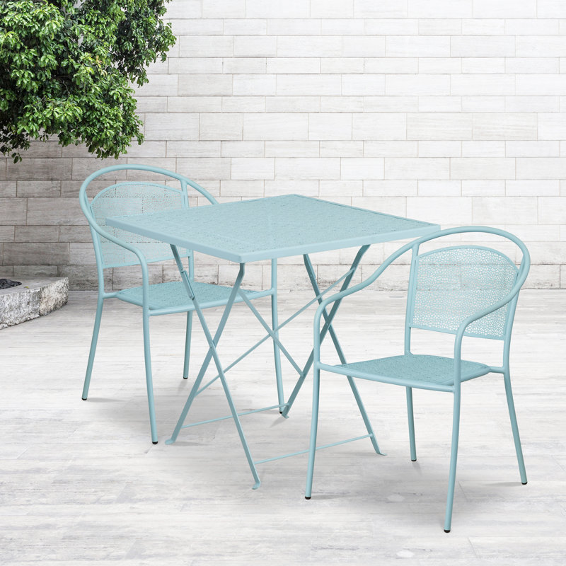 Edge 28'' Square Indoor-Outdoor Folding Patio Table Set with 2 Round Back Chairs, Sky Blue