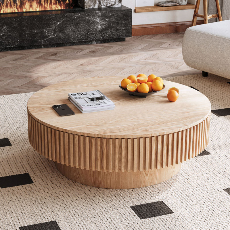 Timeshia Round Coffee Table With Storage, 14" H x 31.5" L x 31.5" W, Natural Wood