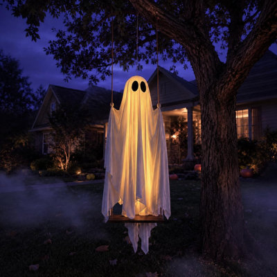 Grande balançoire décorative d'Halloween suspendue 5 pi pré-assemblée pour l'extérieur | Prêt à accrocher, balançoire réglable en hauteur, guirlandes de lumières à distance, tissu lisse drapé, décoration de jardin de véranda