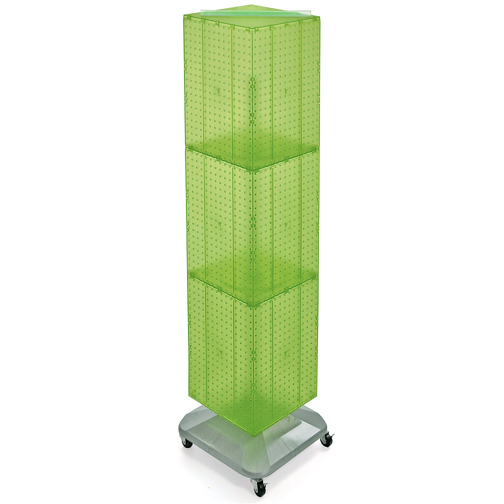 Four-Sided Pegboard Tower Floor Display on Revolving Wheeled Base. Spinner Rack Stand. Panel 