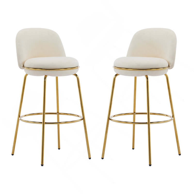 Ensemble de 2 tabourets de bar d'intérieur revêtus de métal, structure et finition dorées, Beige