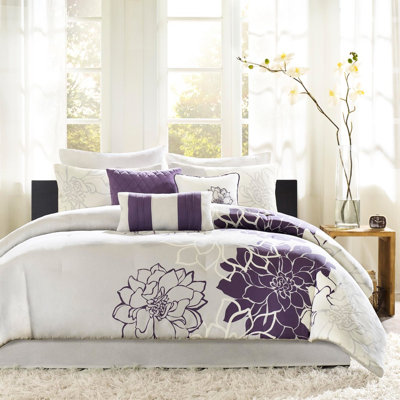 Très grand lit - Coton imprimé taupe gris / mauve 3 coussins décoratifs Jupe de lit élégante charmante incluse