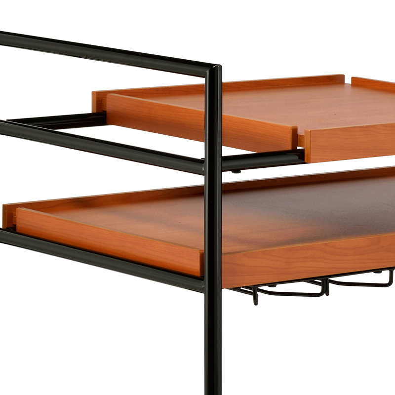 Chariot de service réglable en chêne miel et noir, porte-verres à pied, 3 compartiments ouverts pour le rangement, 4 roulettes, cadre en métal robuste, luminaire de salle à manger