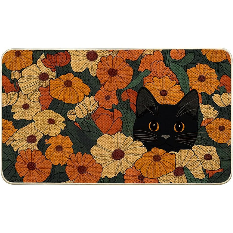 Tapis d'intérieur / extérieur à profil bas Black Cat Flowers