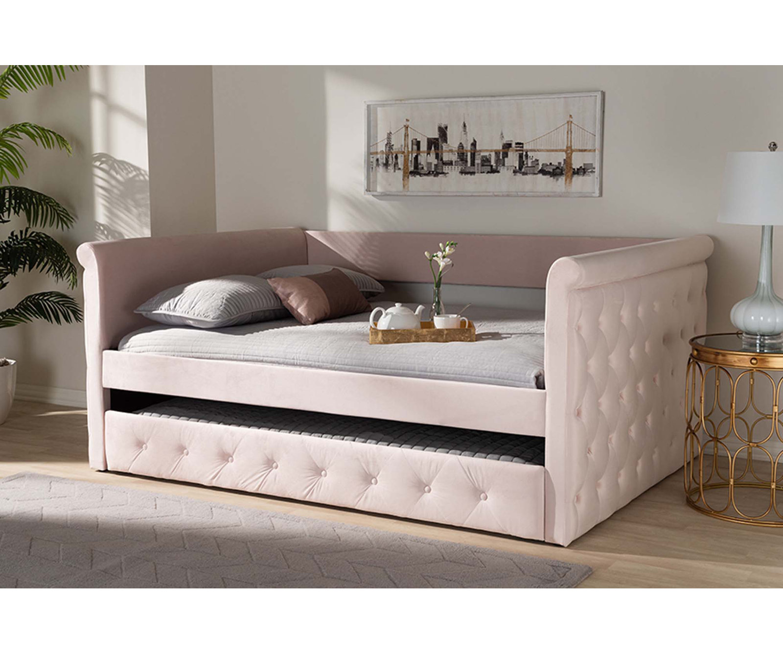 Samitha Upholstered Daybed with Trundle, Light Pink Velvet, Twin