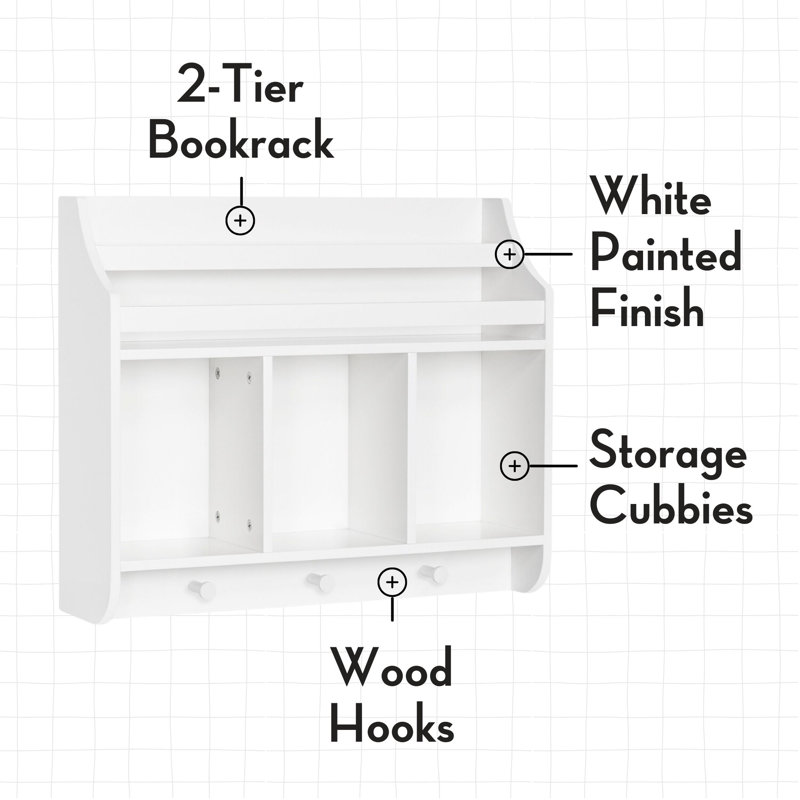 Playtime White Wall-Mounted Shelf with Bookrack and Cubbies for Kids