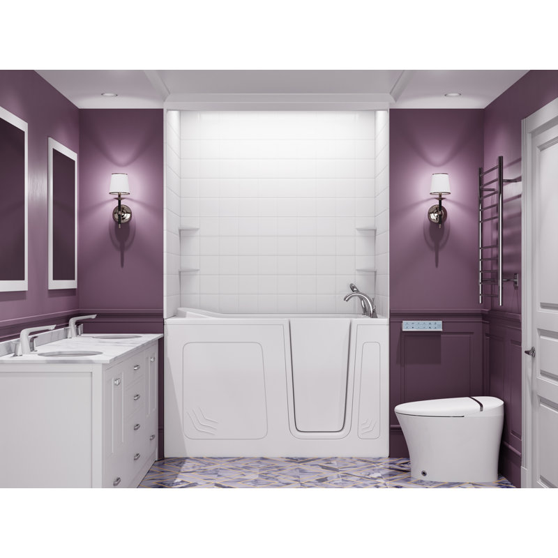 Nova Heated Series 32" x 60" Right Drain Air Jetted Bathtub in White with 6 in. Tile Shower Wall Kit, Right, White