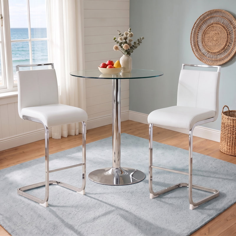 Ensemble de bar 3 pièces à hauteur de comptoir avec table en verre trempé et tabourets en porte-à-faux rembourrés en similicuir