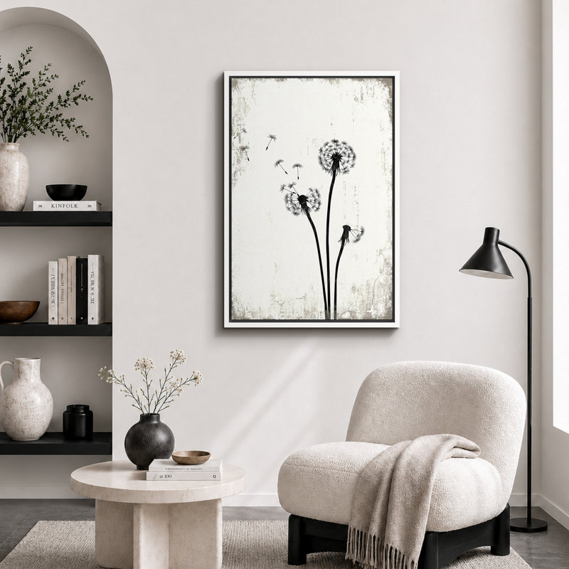 Pissenlit «Simple Whimsy Flying Dandelion, H 36 po x l 24 po, Toile encadrée, Blanc