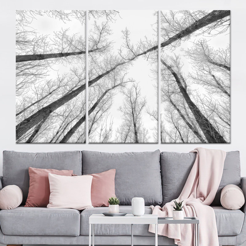 Élégante impression sur toile d'arbre noir et blanc: décoration murale moderne, toile tendue 3P, H: 27,6 po x l: 59,1 po