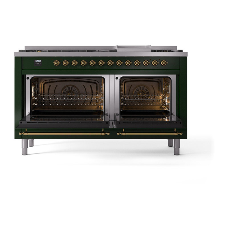 ILVE Nostalgie II Noblesse 60 in Dual Fuel Range, 9 Burner, Griddle, Natural Gas, Emerald Green/Brass