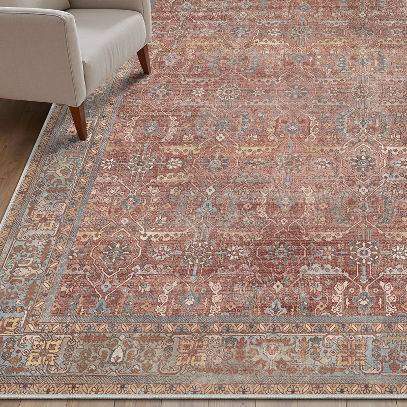 Luftim Oriental Non-Slip Washable Performance Red / Tan Indoor Area Rug, Red, Rectangle 5' x 7'