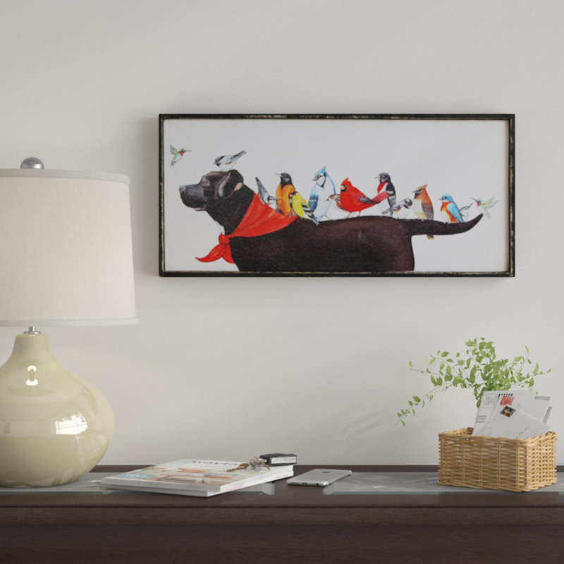 Javin Wood Framed Canvas Wall Decor with Birds on Dog