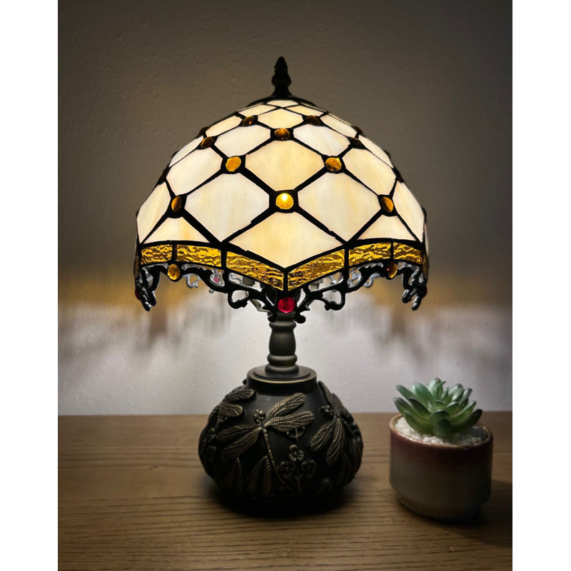 Larentius Tiffany Table Lamp Beige Stained Glass Crystal Beans LED Bulb Dragonfly Base 10"W*10"D*14"H*