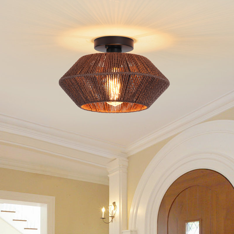 Clouden Semi Flush Mount 13 in. Bohemian Rattan Modern Ceiling Light For Living Room and Bedroom, Coffee