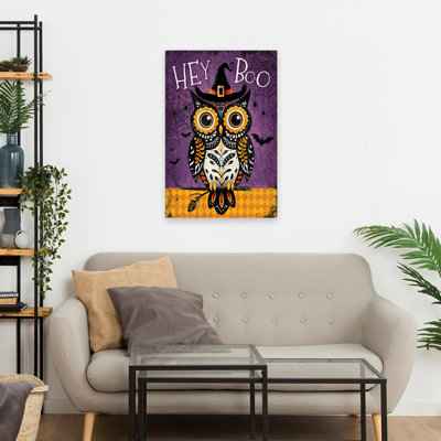 Hibou «Hey Boo» - art contemporain d'Halloween au chapeau de sorcière