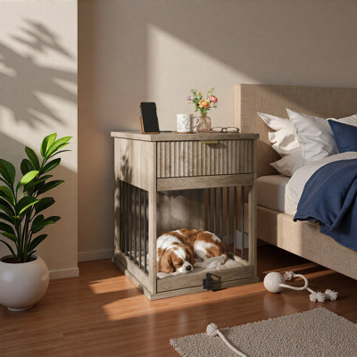 Table de bout pour chien avec station de charge, meuble pour chenil en bois avec porte en verre trempé dissimulé, table d'appoint multifonctionnelle pour animaux avec tiroir de rangement, maisonnette pour petit chien moyen