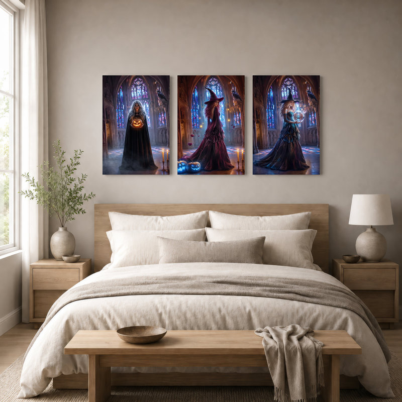 Trois sorcières dans une cathédrale gothique, ensemble de 3 toiles murales pour l'Halloween, H 18 po x l 12 po x 3 pièces