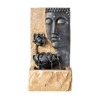  30" H Zen Buddha Face Water Fountain w/ LED light & Pump, Indoor/Outdoor Freestanding, Relaxing Zen Décor, Bronze and Natural Grey Polyresin Fountain for Home Patio Garden Backyard