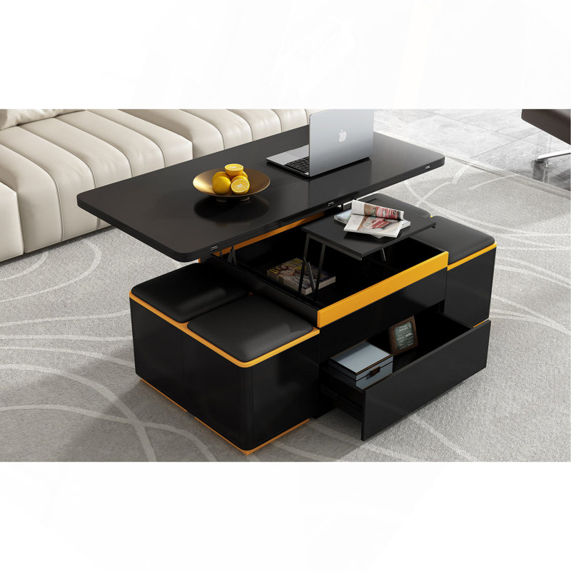 Table basse à plateau relevable avec tabourets de rangement, table centrale moderne avec plateau pliable, table basse réglable multifonctionnelle pour le salon