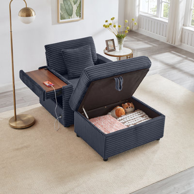 Repose-pieds surdimensionné avec rangement en chenille avec compartiment caché et accoudoirs multifonctionnels, idéal pour le confort du salon et l'organisation.