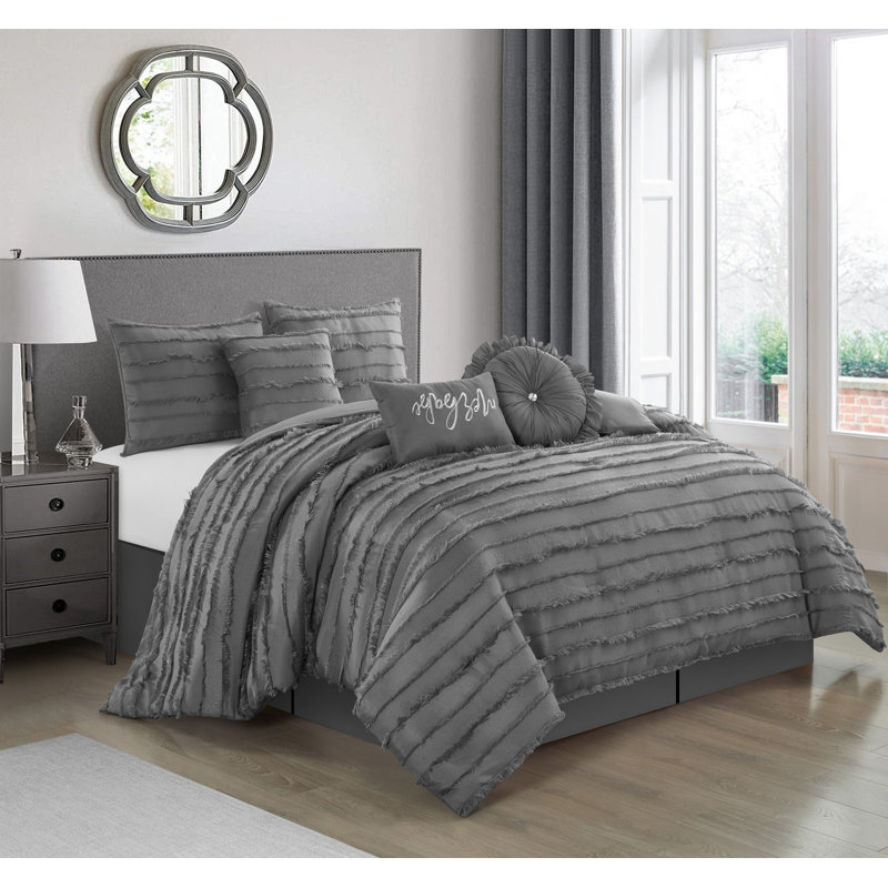 Merbabe 7 Piece Boho Chic Comforter Set, Gray, King Comforter + 6 Additional Pieces