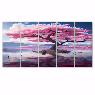 Fleur de cerisier majestueux dans un lac de montagne - Art mural de cerisier en fleurs pour le salon, 5 pièces
