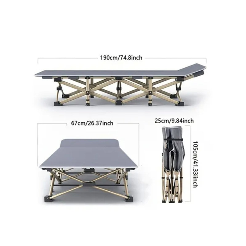 Grand lit pliant robuste de 75 pouces, lit de camping stable à 10 pieds avec matelas et poches latérales pour le camping d'hiver en plein air