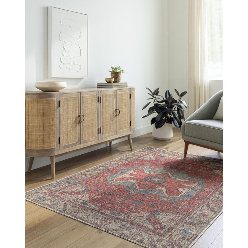 Kay Red Machine Washable Area Rug, Rectangle 9'10" x 13'