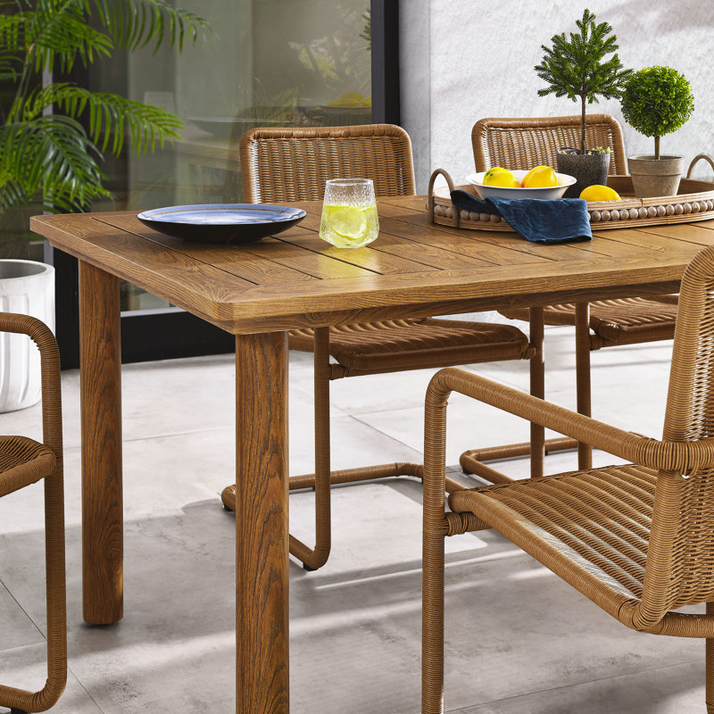 Abacus 7-Piece Rectangular Outdoor Patio Aluminum Dining Table Set With Rattan Armchairs, Natural