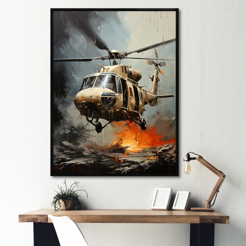 Abstrait héliporté militaire sur toile, H 32 po x l 16 po x P 1 po, Cadre flottant noir