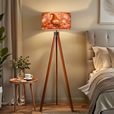 Tripod Standing Lamp Autumn Fantasy Gnome Surrounded by Pumpkins Ghosts Forest Remote Controlled Dimmable LED Floor Lamp with Beech Wood Legs & Detachable Linen Shade for Farmhouse Apartment Living Room and Bedroom