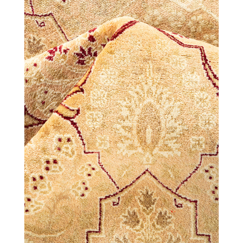Tapis beige en laine noué à la main de conception unique 8 pi 10 po x 12 pi 9 po Shiey
