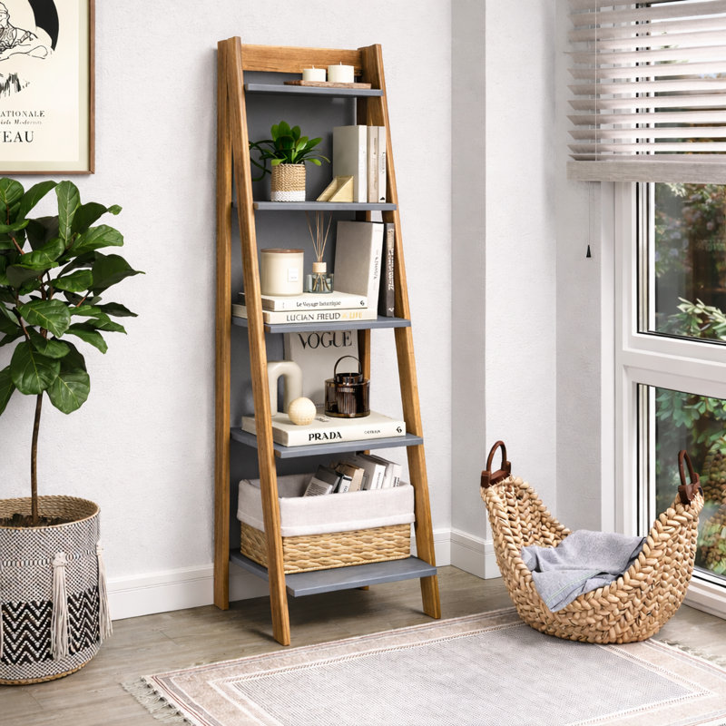Shannia 159cm H x 44cm W Solid Wood Ladder Bookcase, Grey